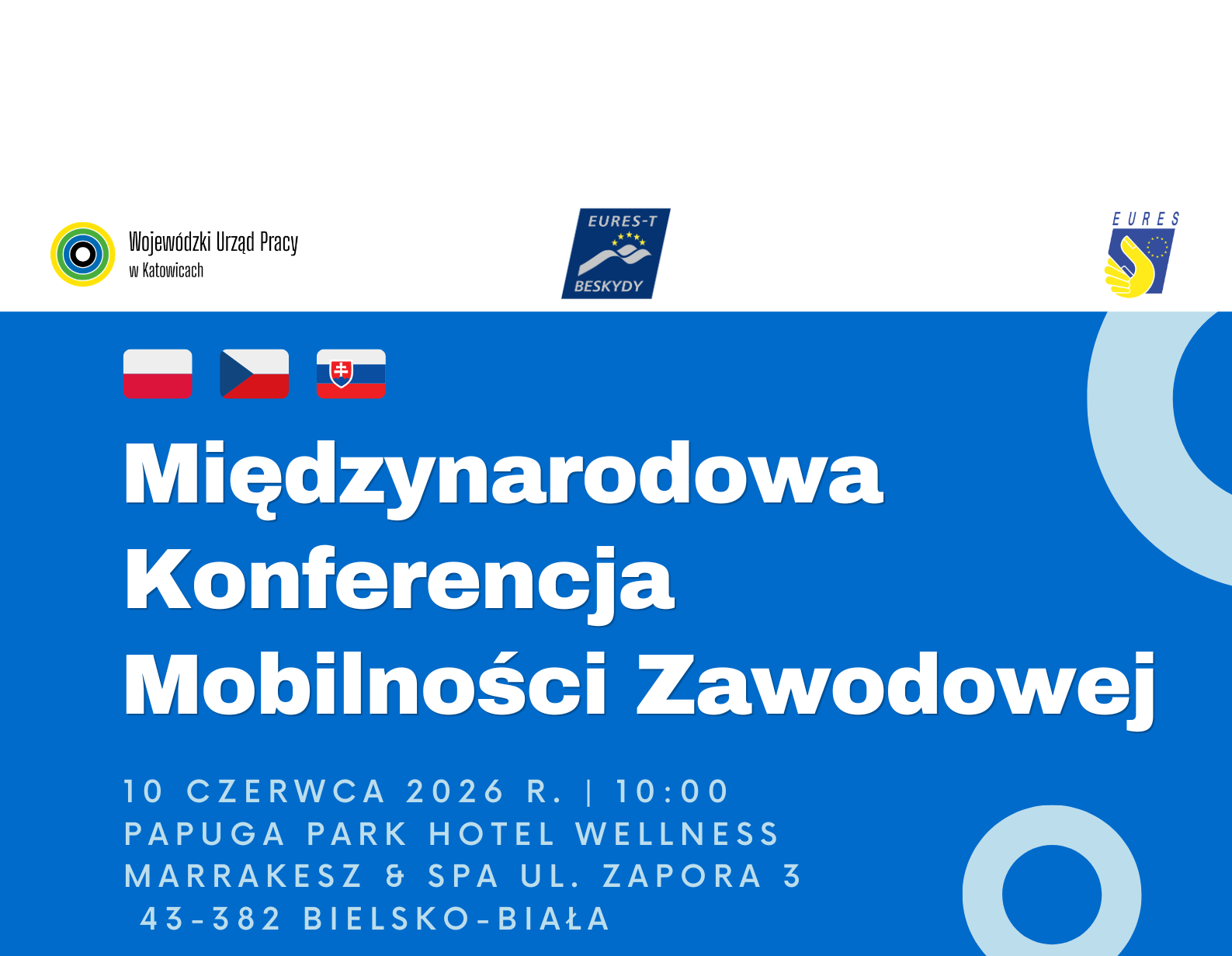Plakat informujący o Międzynarodowej Konferencji Mobilności Zawodowej, która odbędzie się 10 czerwca 2026 roku o godzinie 10:00 w Papuga Park Hotel Wellness Marrakesz & SPA w Bielsku-Białej.